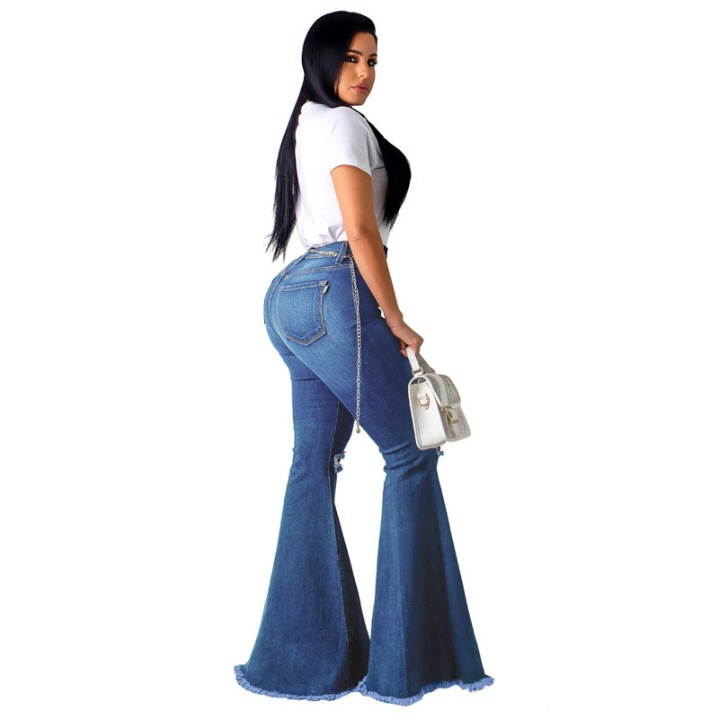 Sexy Dance Women Fitted Ripped Bell Bottom Jeans Ripped Destroyed Denim  Pants Ladies High-Rise Flare Jeans Fashion Trendy Jeans
