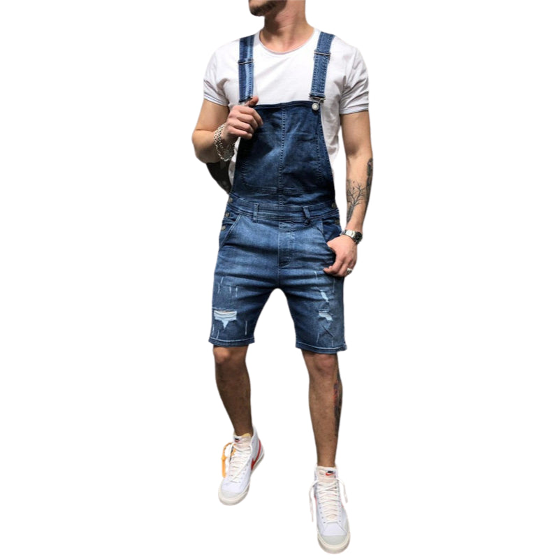 Men's Bib Overalls Ripped Denim Jumpsuit Romper Workout Shorts Jean ...