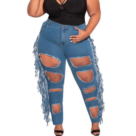Pencil Jeans Plus Size Women's Mid Waist Ripped Fringed Jeans – HiHalley