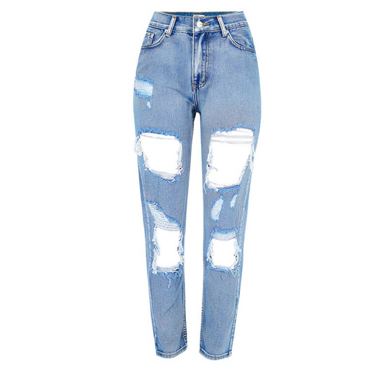 Washed High Waisted Loose Women's Ripped Jeans Long Straight Pants ...