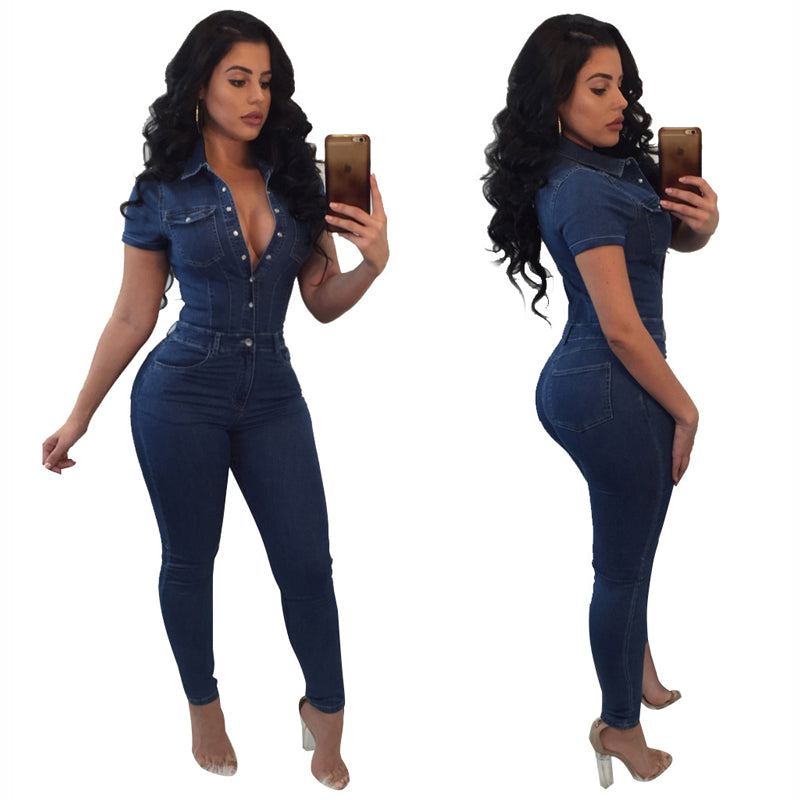 Sexy V-Neck Classic Denim Button Down Long Overalls Jumpsuit – HiHalley