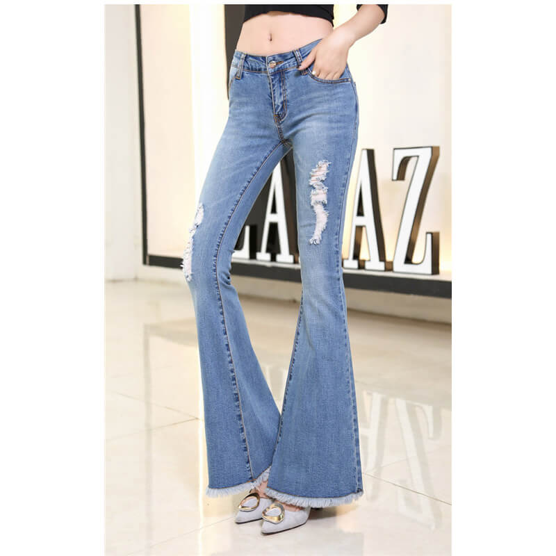 Women Ripped Jeans Destoryed Flare Jeans Elastic Bell Bottom Hihalley